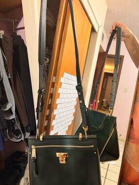 KORS Michael Kors Dark Green Leather Shoulder Bag with Gold Hardware